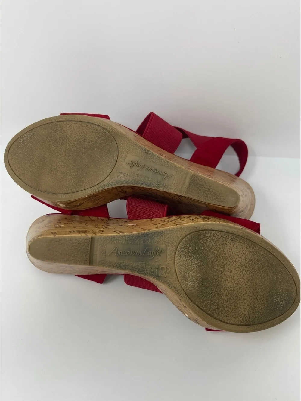 American Eagle Heels Womens Sz 9.5 Wedge Platform Sandals Red Suede Elastic Cork